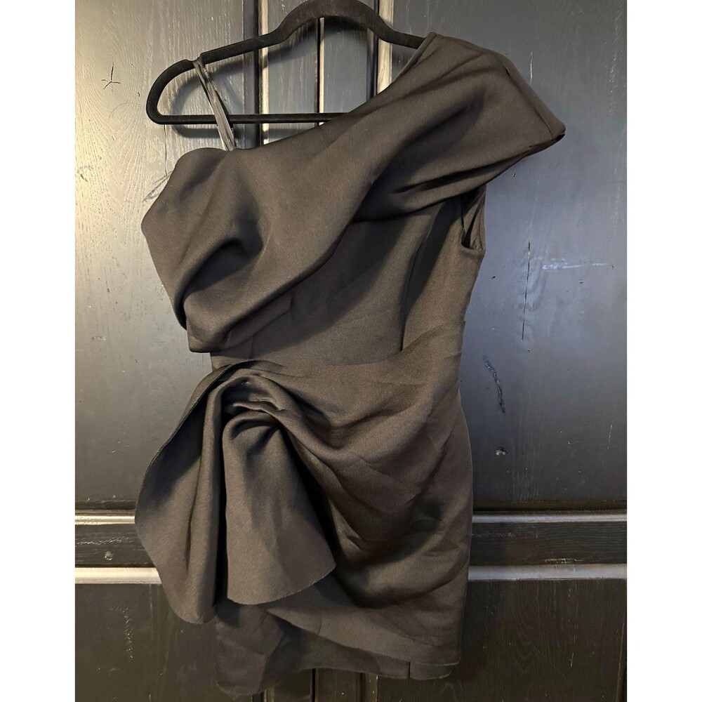 ASOS DESIGN Women's 6 Black Solid Mini Dress One Shoulder Ruffle Lined Stretch